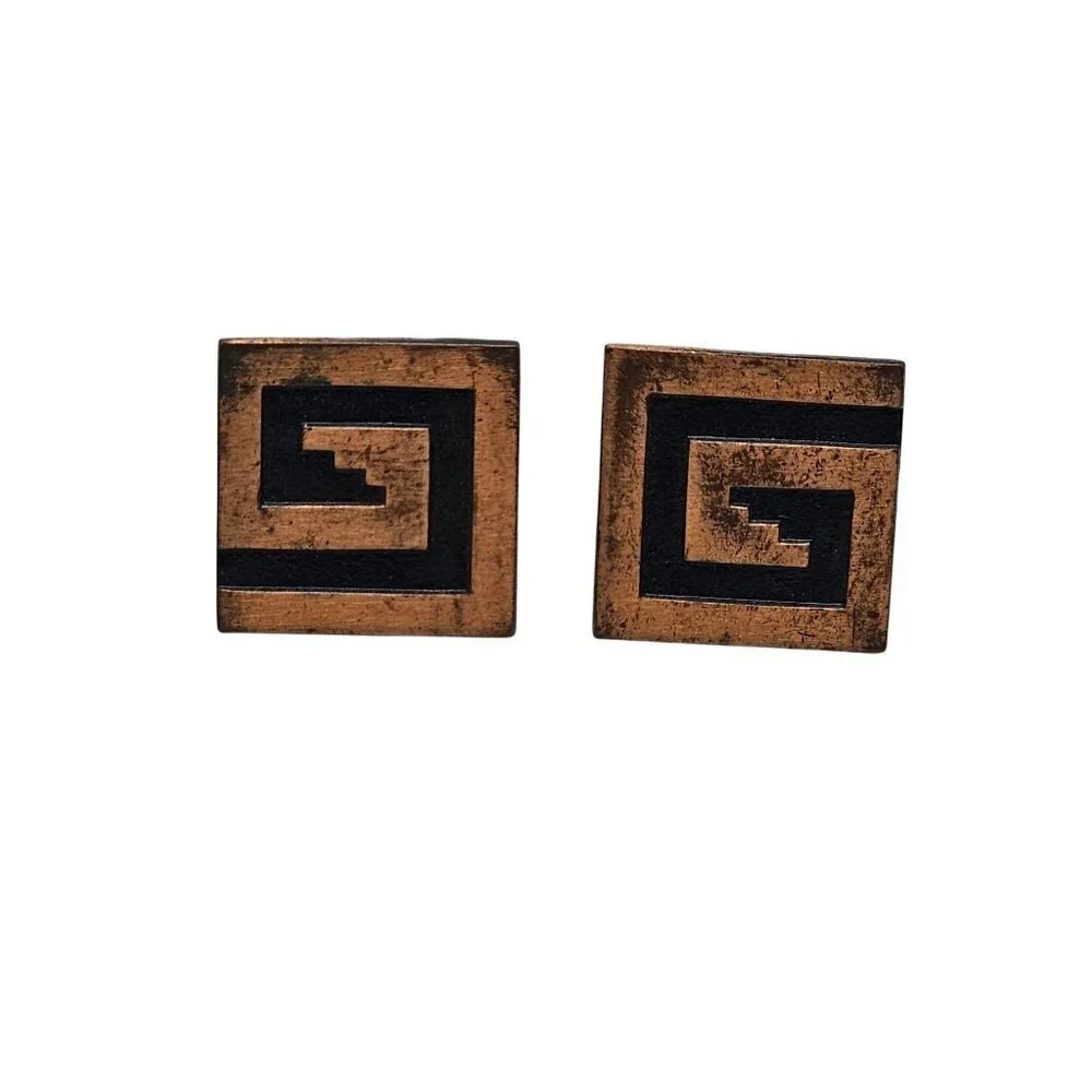 Vintage Cufflinks Copper Toned Square With Geometric Spiral